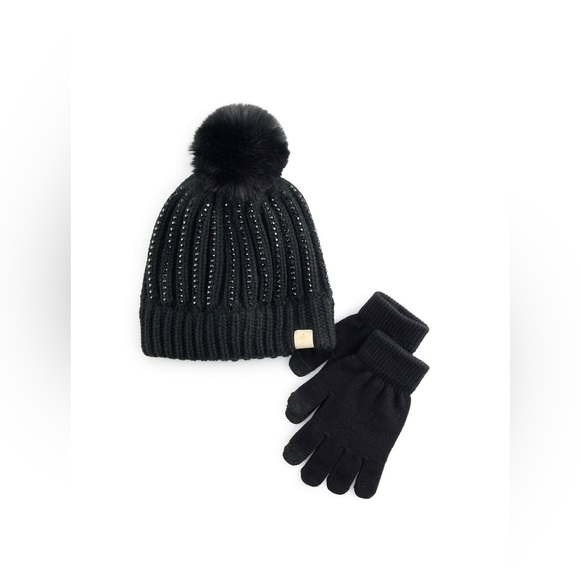 Girls SO® Rhinestone Accent Pompom Beanie & Gloves Set - Picture 1 of 4